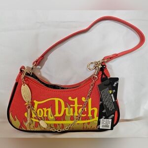 NWT Von Dutch Fiery Orange Shoulder Bag With Red&Yellow Flames Detachable Chain